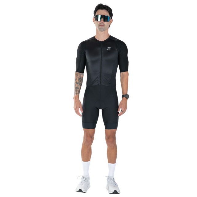 Zoot Men's Elite P1 Tri Aero FZ Racesuit in Jet Black colourway - front view