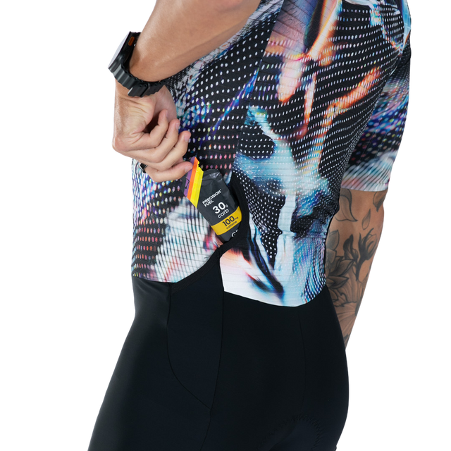 Zoot Men's Ultra Tri P1X Racesuit in Afterburn colourway - close-up of rear gel pocket