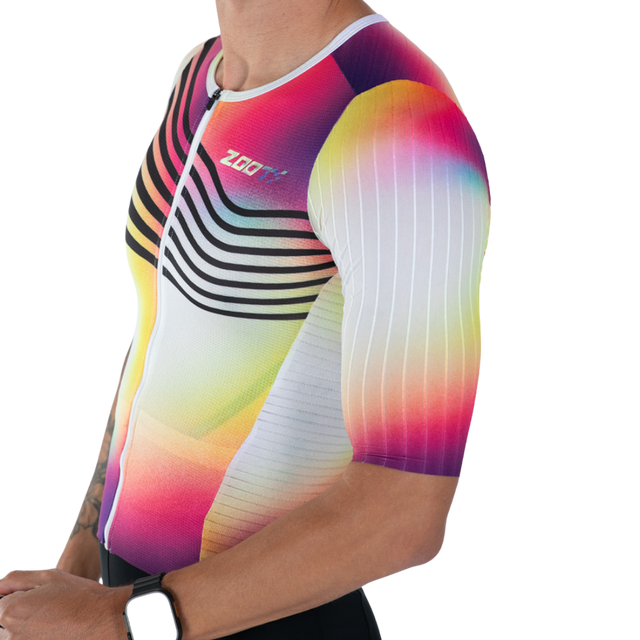 Zoot Men's Ultra Tri P1X Racesuit in Eclipse colourway - angled close-up of front sublimation print detail