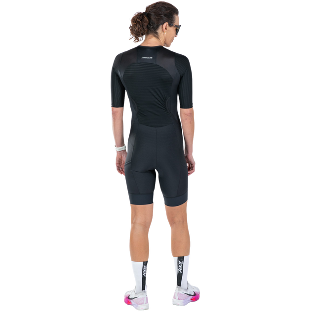 Zoot Women's Elite P1 Tri Aero FZ Racesuit in Jet Black colourway - back view