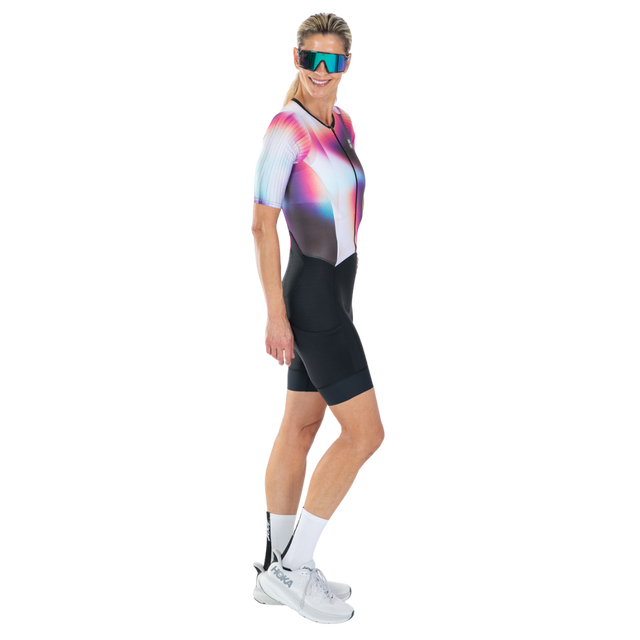 Zoot Women's Elite P1 Tri Aero FZ Racesuit in Sonic Shift colourway - side angle view