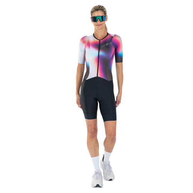 Zoot Women's Elite P1 Tri Aero FZ Racesuit in Sonic Shift colourway - front view