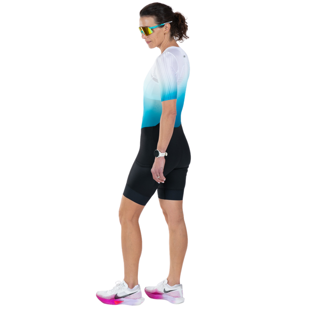 Zoot Women's Elite P1 Tri Aero FZ Racesuit in Sonic Wave colourway - side view